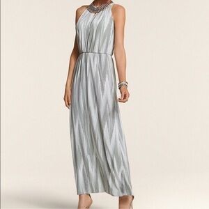 NWT CHICOS 1 TIME TO SHINE CHEVRON MAXI DRESS Gray Silver White Halter - SKU:514